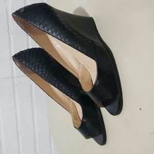 Calvin Klein, Opentoe,  Leather shoes with wedges style heels.  Lightly worn